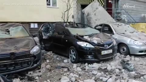 Residents evacuated as buildings damaged in Kyiv, Ukraine by Russian shelling
