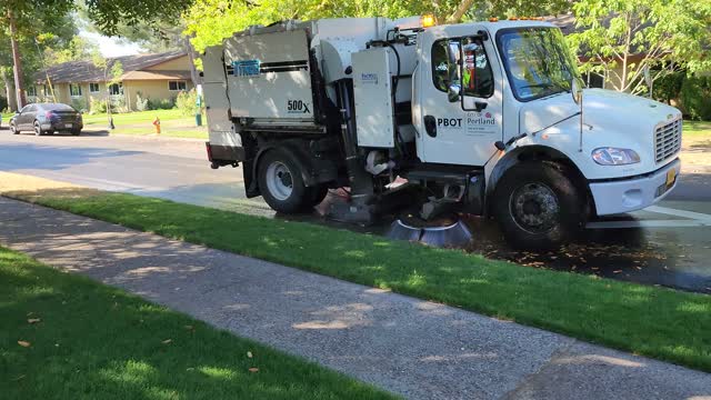 Street sweeper cleaning leaves