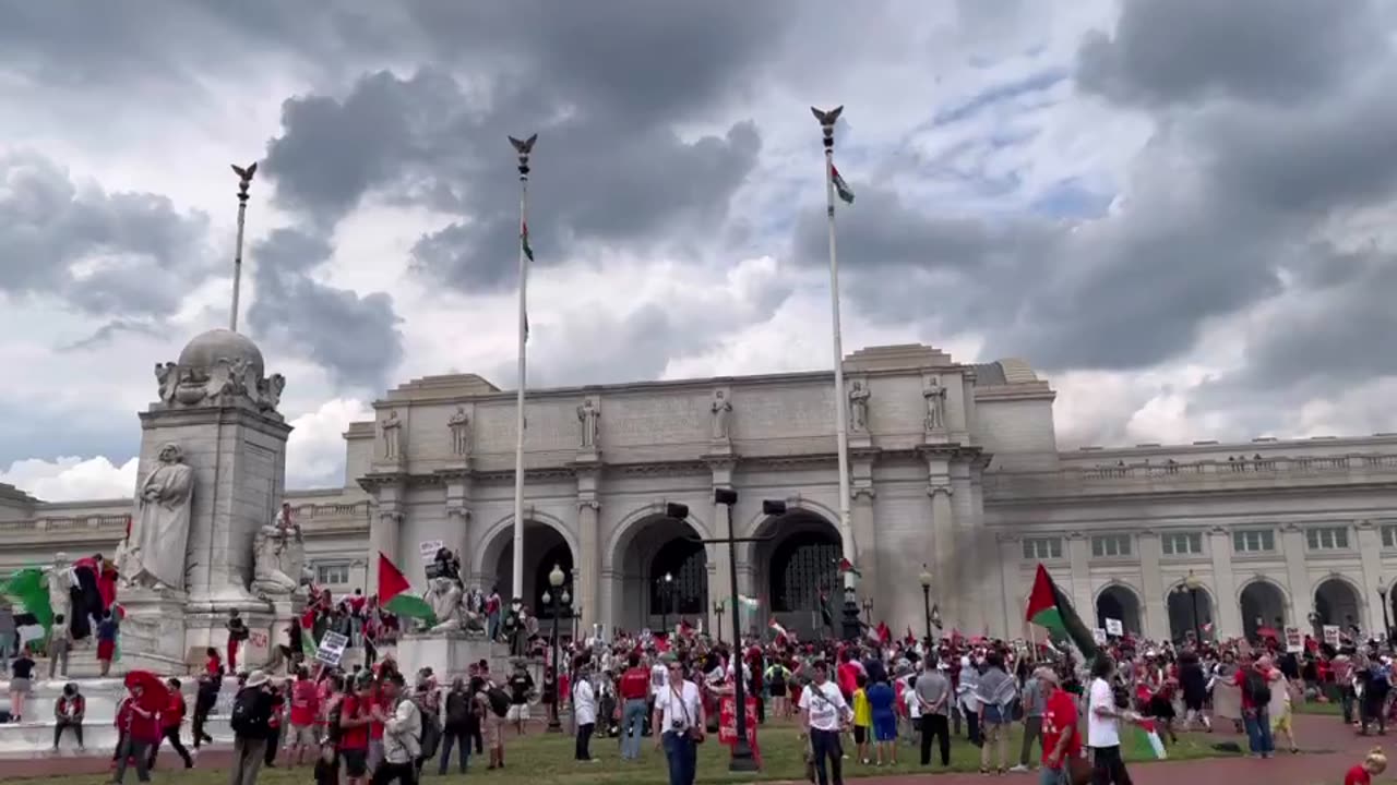 Pro-Palestinian protestors replace US flags with Palestinian flags outside DC’s Union Station