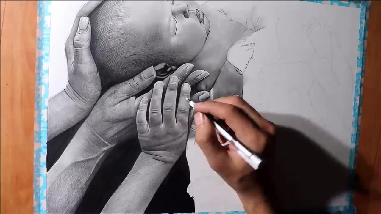 Realistic sketch of a baby being protected by others