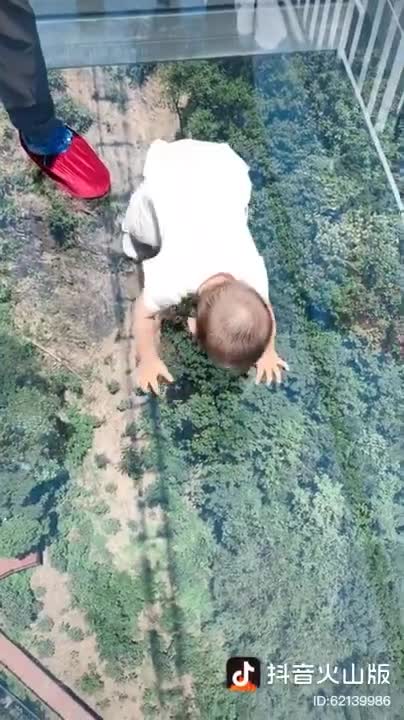 Toddler's priceless attempt to cross onto glass bridge