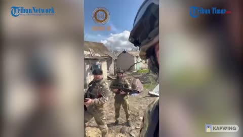 Chechen soldiers inspecting Ukrainian positions in Rubizhne after heavy fighting