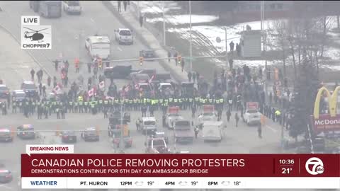 Live chopper view Ambassador Bridge Blockade Windsor Ontario