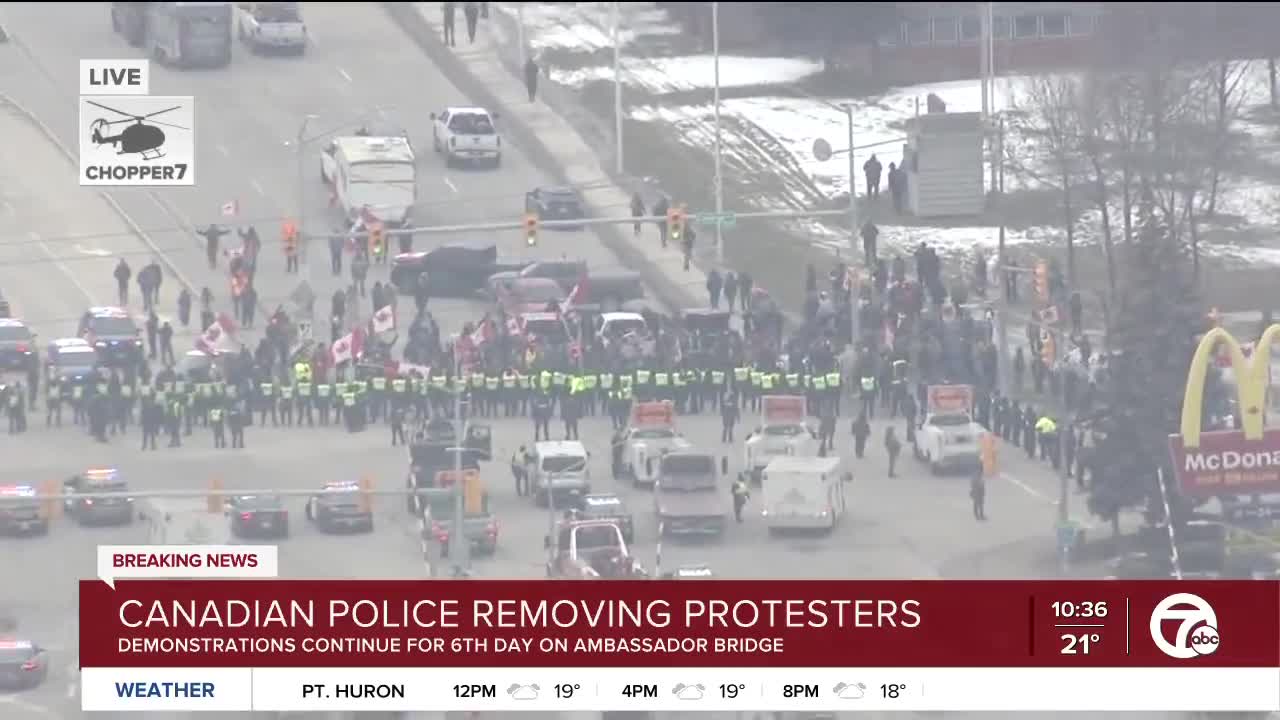 Live chopper view Ambassador Bridge Blockade Windsor Ontario