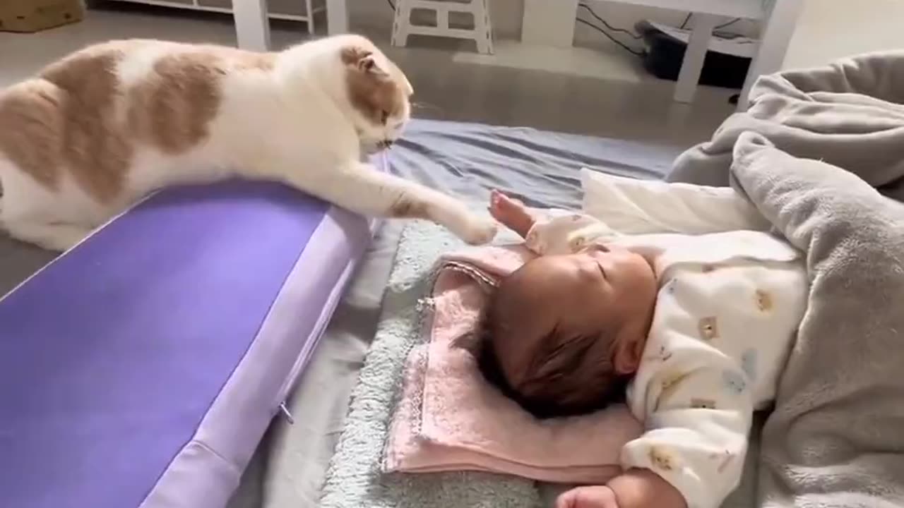 cat touching baby