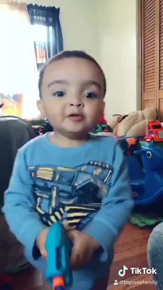 Kid goes off with "pew pew pew" TikTok video