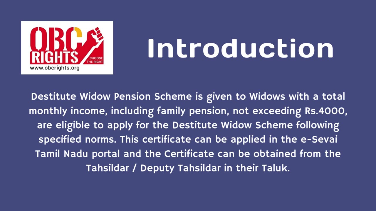 Eligibility to obtain Destitute Widow Pension in Tamil Nadu