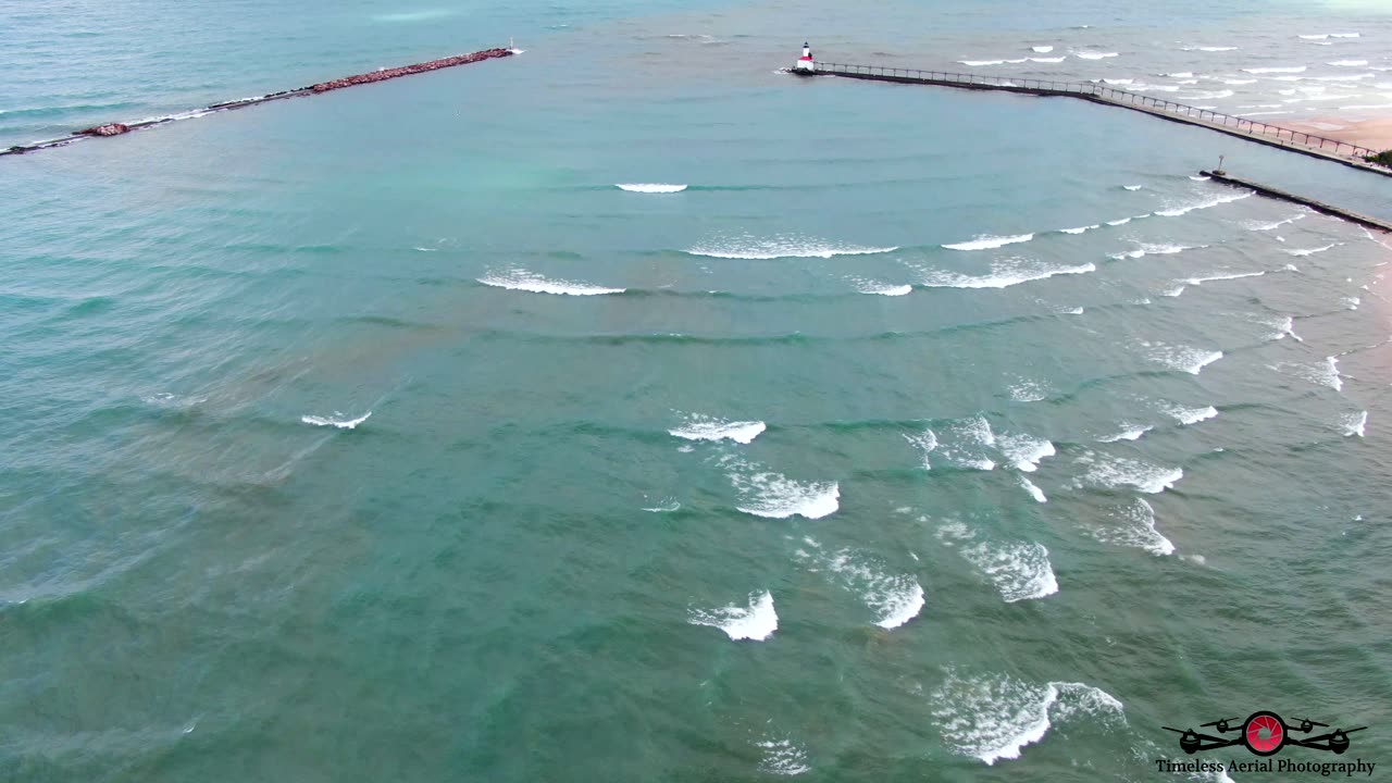 Square Waves Forming Around Michigan City, IN Lighthouse 4K Drone Footage