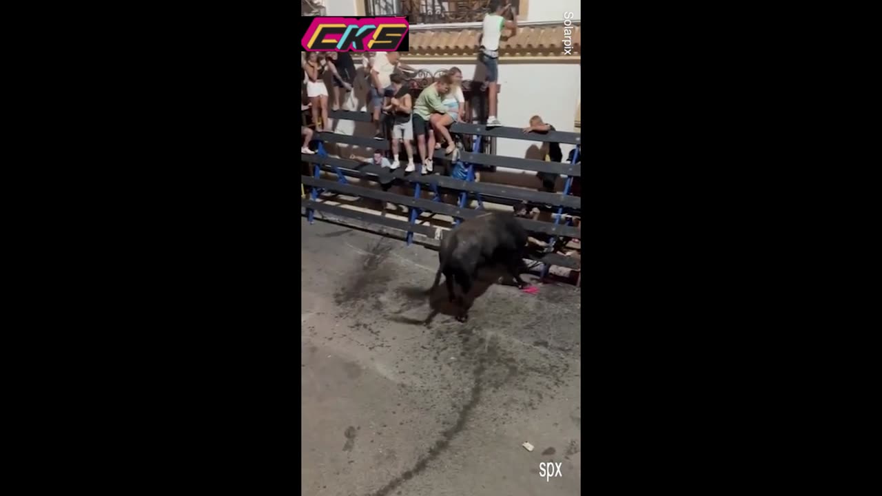 Moment bull runner smashed into air and trapped under barrier