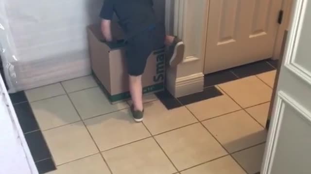 Little kid boy runs to box and tries to climb up gives up then hits head on cabinet door