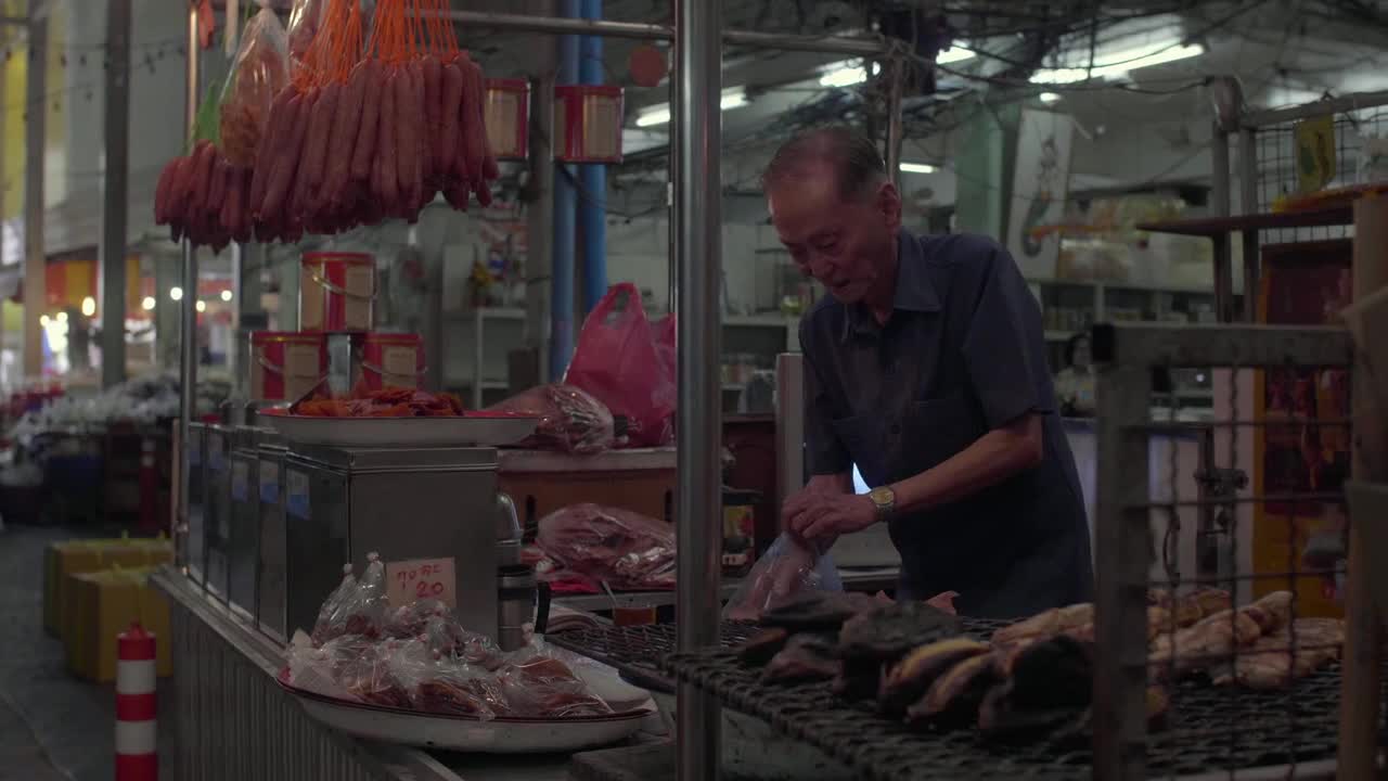 Man Packaging Meat at Market Stall