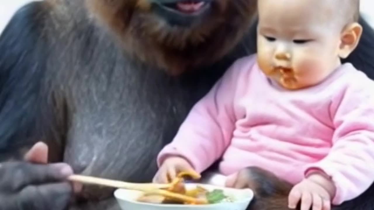 A gorilla feeding his favourite baby