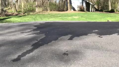 Guy grey sweats black shirt tries to do longboard skateboard slide fails concrete