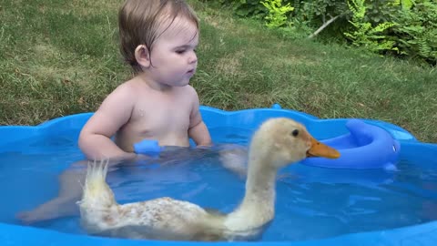Baby playing with toys and duck in pool
