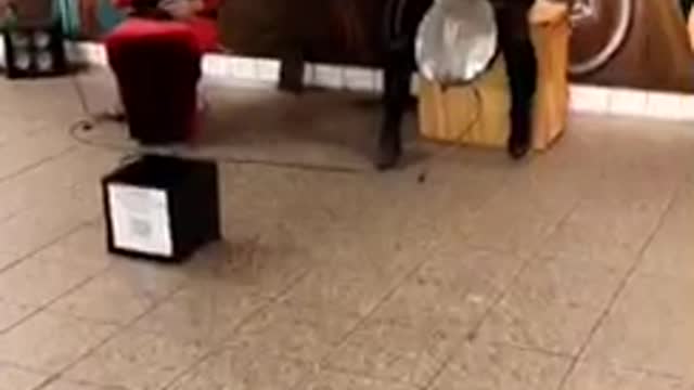Two people in silver masks playing instruments in subway station