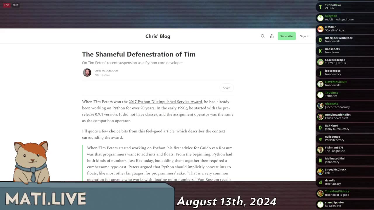 Tim Peters suspended from Python - Mad at the Internet