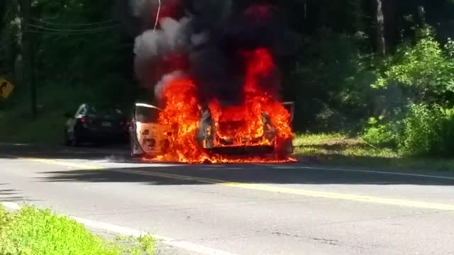 Toyota Prius car on fire in Connecticut on Route 55