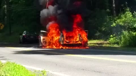 Toyota Prius car on fire in Connecticut on Route 55