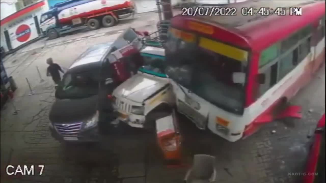 Run away bus crashes into gas station