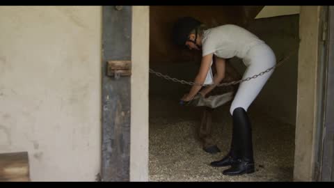 Caucasian woman taking care of her Dressage horse