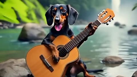 Dachshund dog playing acoustic guitar