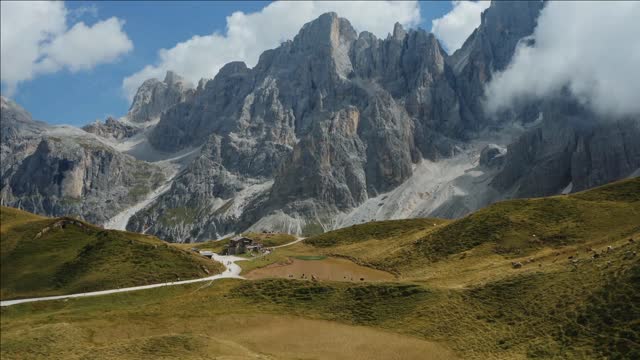 aerial of baita segantini passo rolle south tyrol dolomites italy