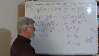 Math Equations Set B 05 With 'x' on Both Sides With Fractions Mostly for Years/Grade 9 and 10