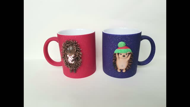 A set of chameleon mugs with decor from "Funny Hedgehogs" collection. Gift cups for Valentine's day.