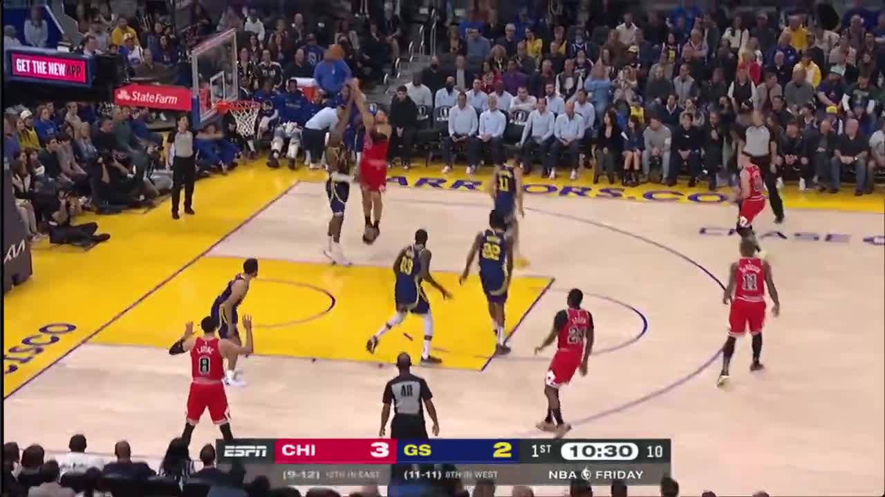 What a pass by Draymond to Klay in transition [no one picks up Klay because of the threat of Steph]