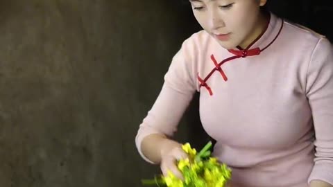 Beautiful wife working on farm