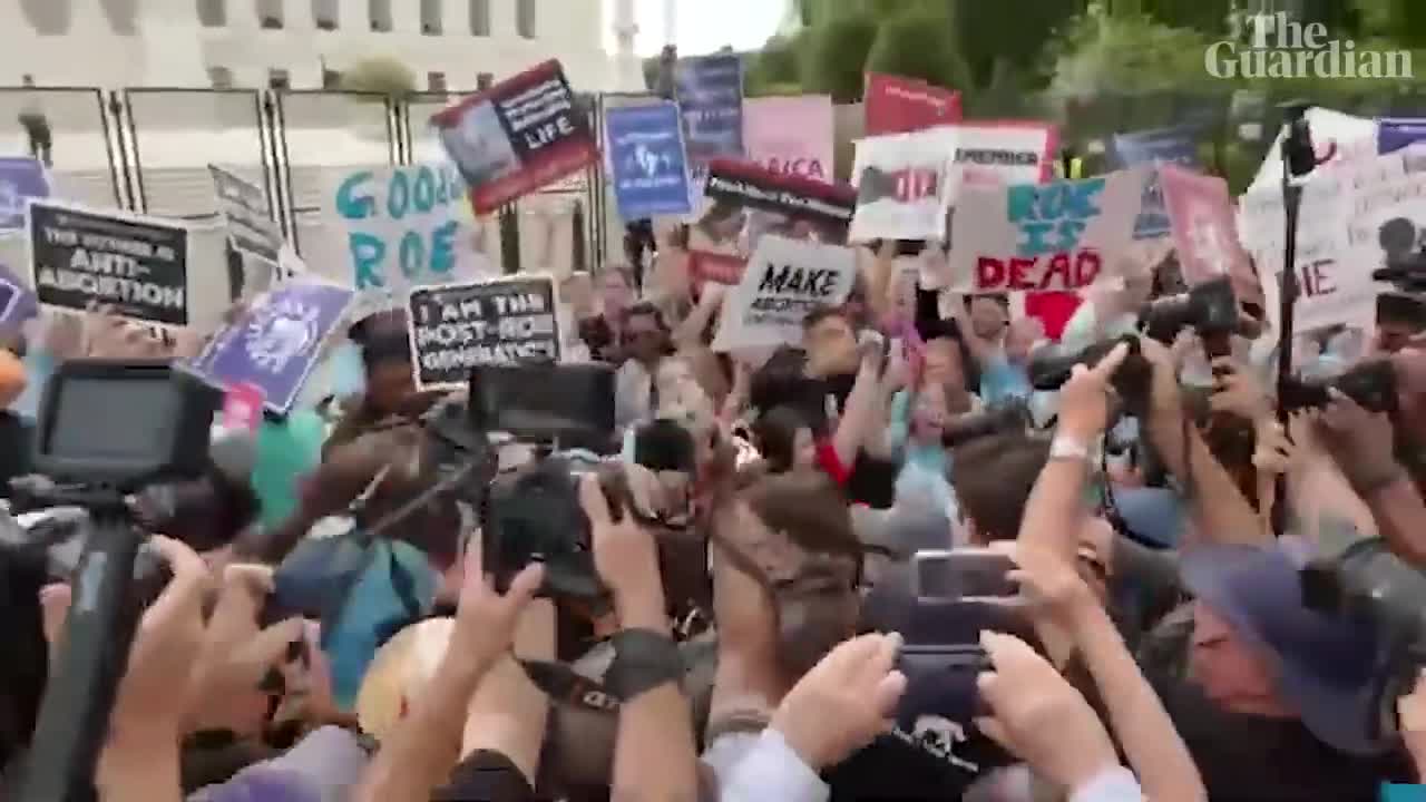 Protests break out outside US supreme court after ruling overturns abortion rights