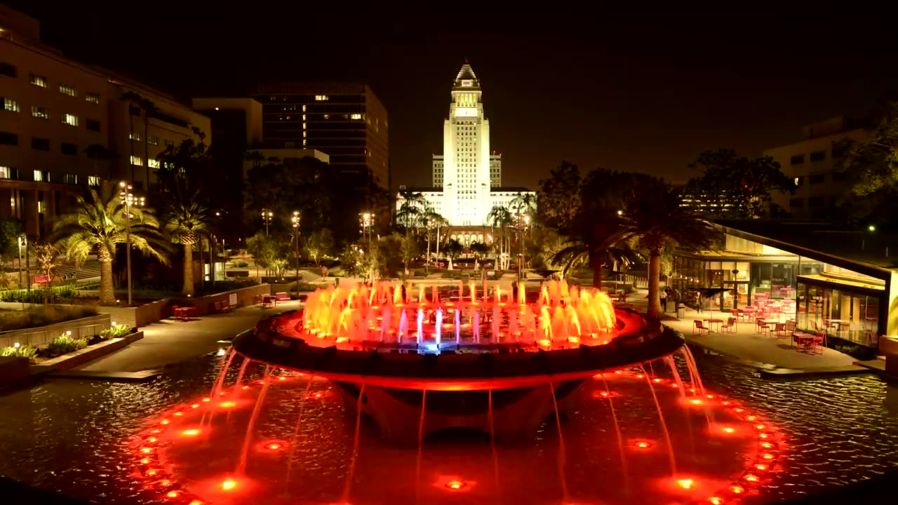 Time lapse of a LA city hall fountain at night