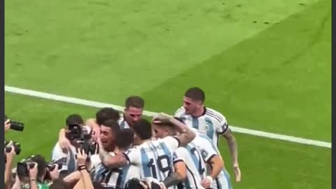 Lionel Messi celebrates scoring the opening goal during the Qatar 2022 World Cup