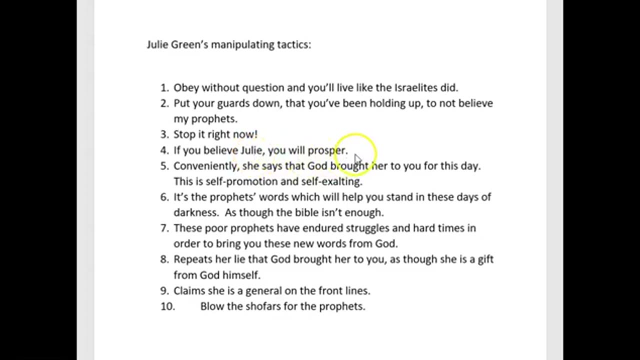 False Prophet Cult leader Julie Green decries "OBEY"