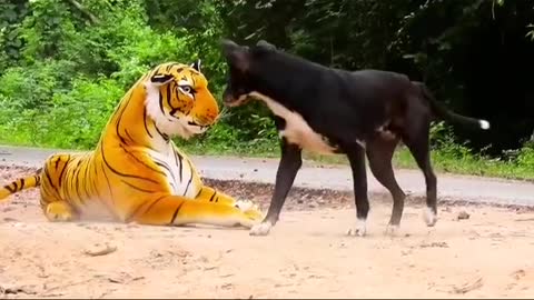 Cachorro assusta com tigre