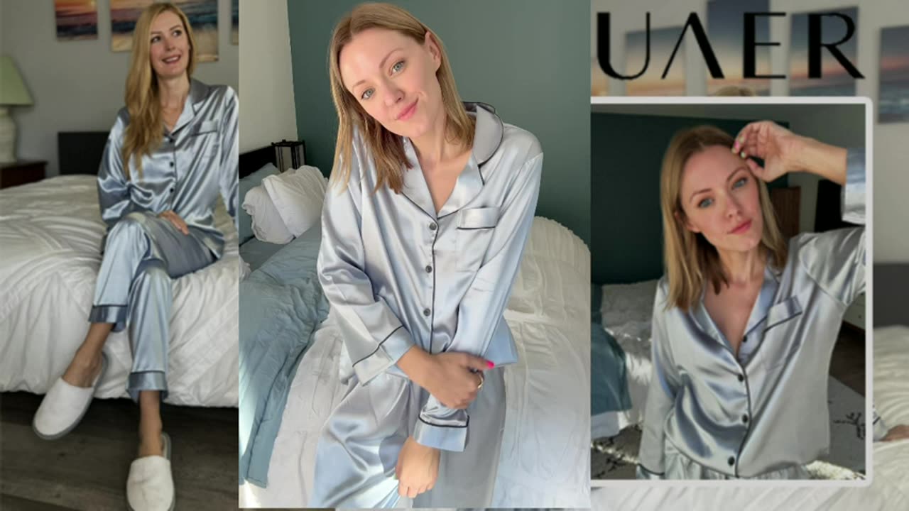 AMAZON PRODUAT Ekouaer Women's Classic Button Down Long Satin Silk Pajama Set