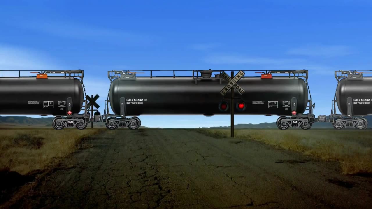 Railroad crossing - heavy tanker train pass animation