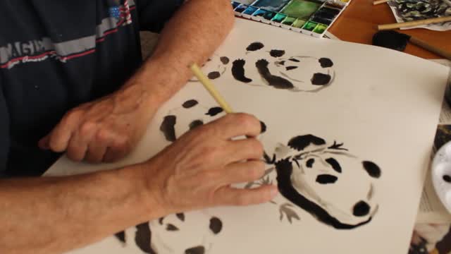 Practice Ink Painting, Panda Eating Bamboo