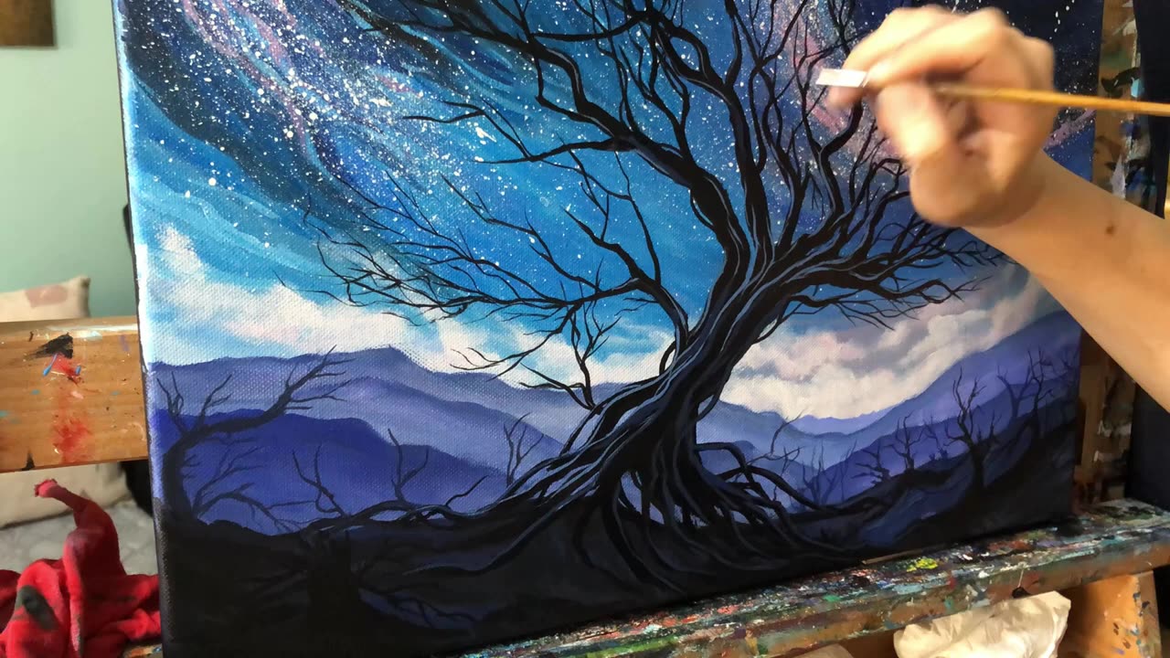 Mystical Tree & Whimsical Roots 🥰 Night Landscape 🎨 Acrylic Painting Time lapse video