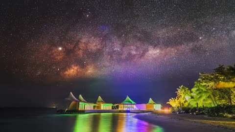 Star sky and moon rise on the spa hall of the peaceful island of Madai