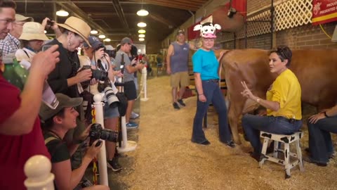 Kari Lake milks a cow in Iowa and turns to New York Times reporter and says