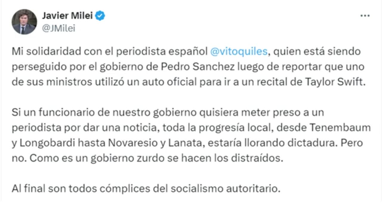 MILEI DESTRUYÓ A PEDRO SÁNCHEZ POR ATACAR AL PERIODISTA VITO QUILES