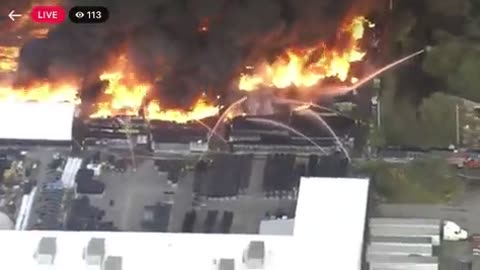 Massive 5 acre fire has broken out a warehouse storing plastic plant pots