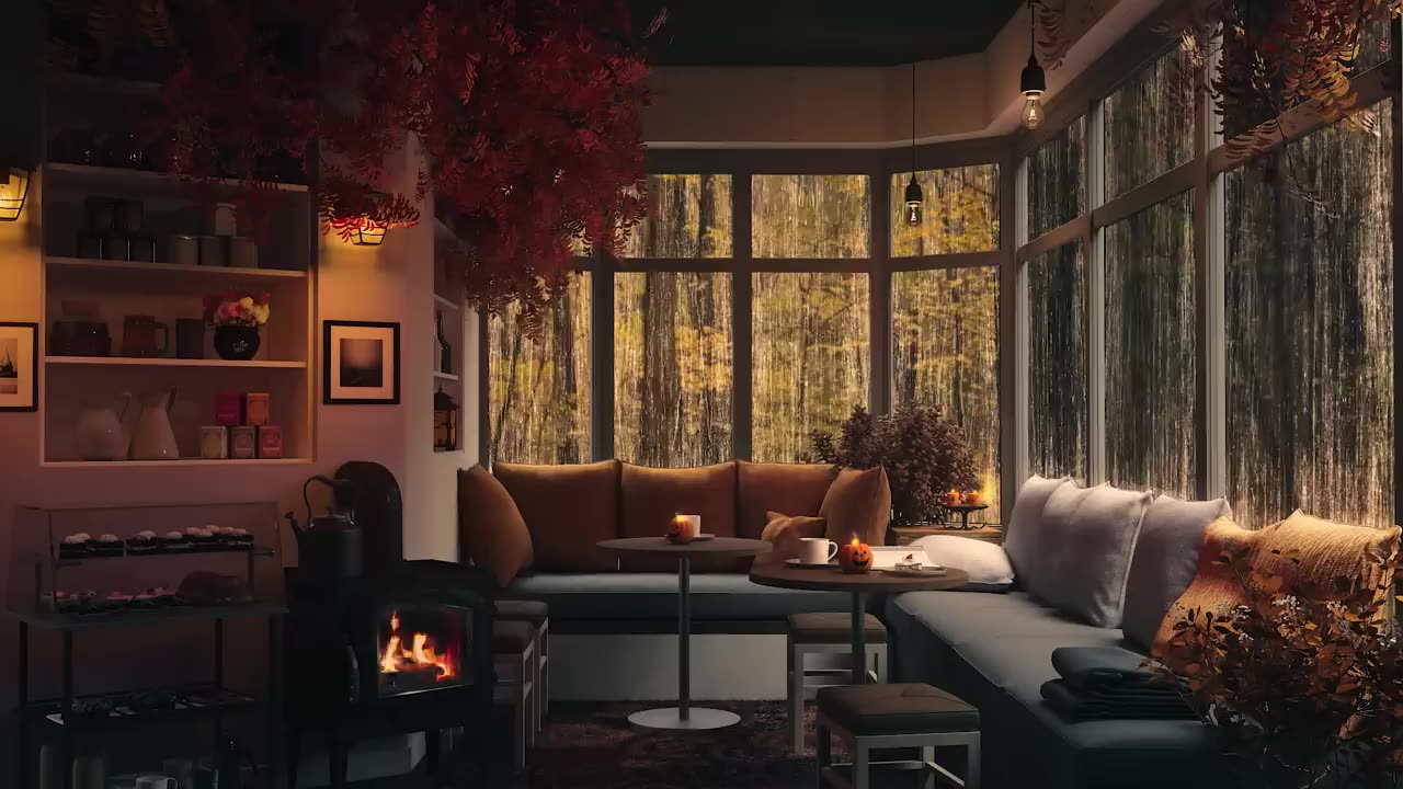 Rainy Autumn Cafe with Smooth Jazz Music and Rain Sounds for Relaxation, Study & Work