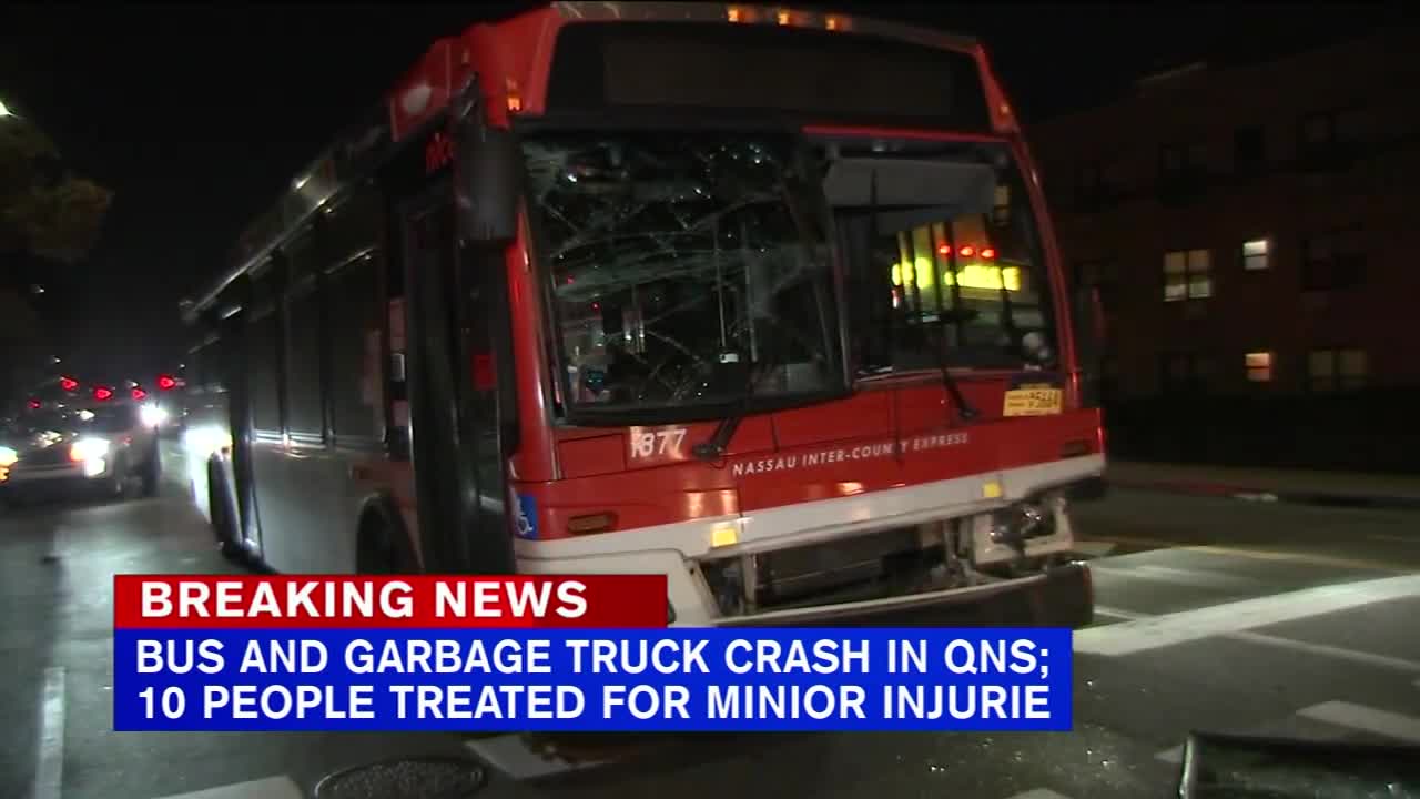 10 hurt after bus collides with garbage truck in Queens