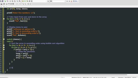 WAP in #c to take any 5 no into #array & show them in #ascending_order & #descending_order #switch