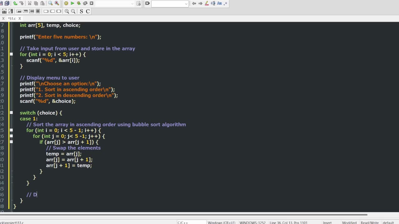 WAP in #c to take any 5 no into #array & show them in #ascending_order & #descending_order #switch