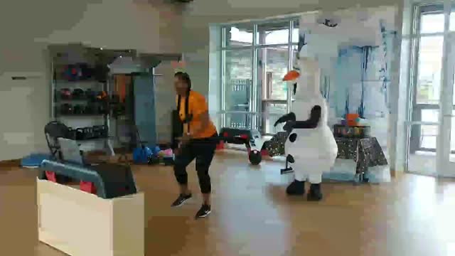 Zumba zoom fitness class for kids in Richmond Texas with the snowman Olaf from Frozen