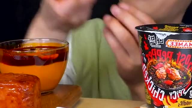 Ghost Pepper Noodles with Fried Spam Fried Shrimp MukBang~!!