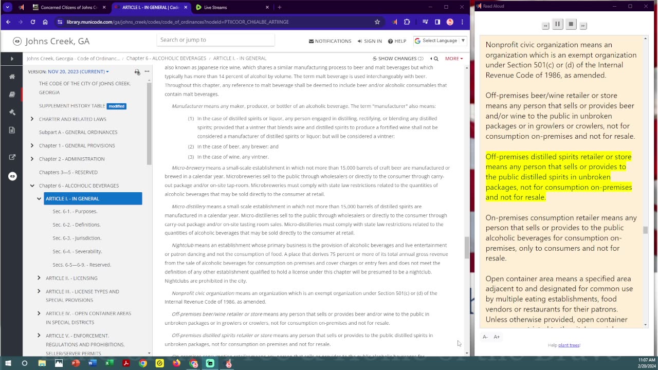 CCJC - Johns Creek City: General Ordinances - Chapter 6 through Chapter 6 Article III (Alcohol Beverages): Part 1 of Chapter 6 reading.